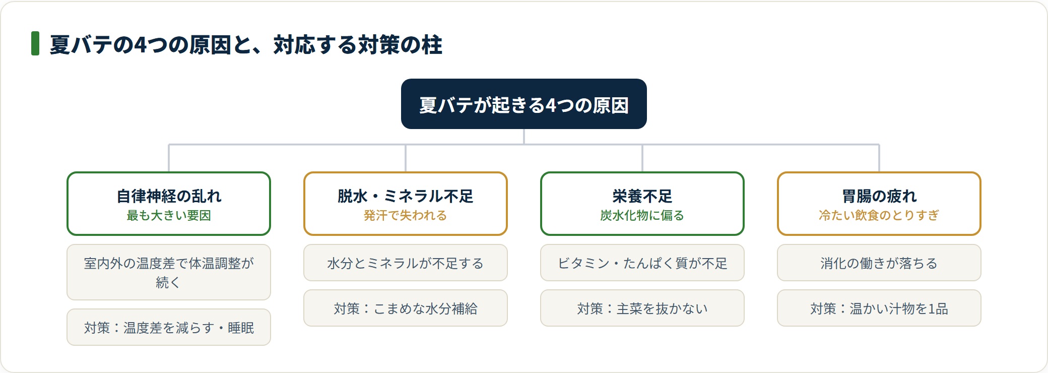 夏バテの原因は自律神経の乱れ・脱水・栄養不足・胃腸の疲れの4つで、それぞれ温度差と睡眠・水分補給・栄養・冷たい飲食を控えるという対策が対応することを示した分類図。